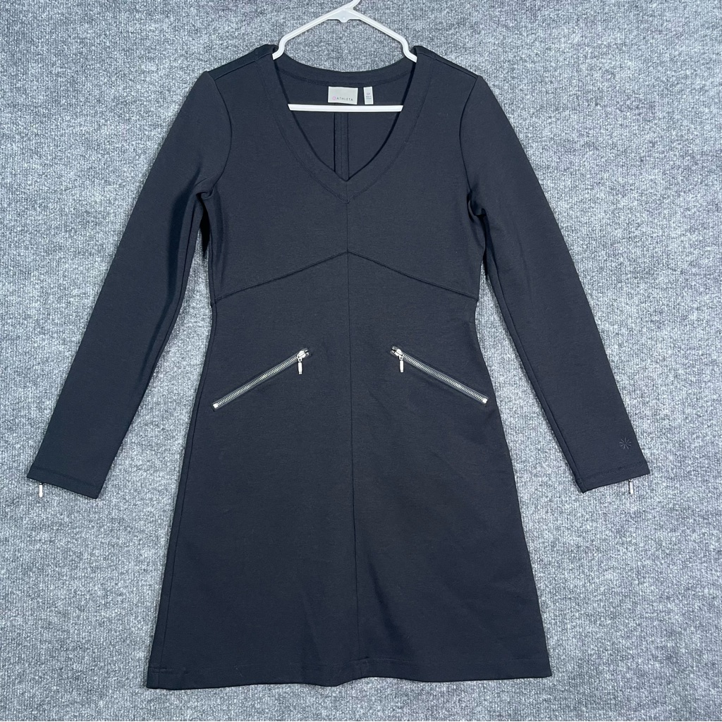 Athleta Women’s Sp Black Celebration Dress V Neck Longsleeve Ponte Knit Zippers